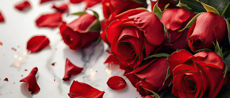 Red roses and petals on a white background. Valentine's Dayの素材