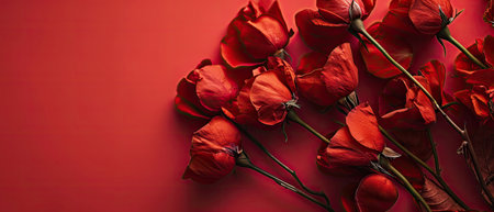 Red roses on red background with copy space. Valentines day conceptの素材