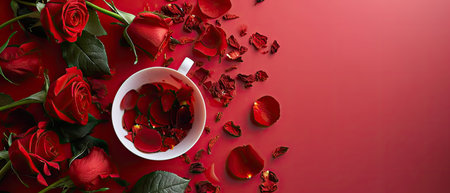 Red roses and cup of coffee on red background. Valentines day conceptの素材
