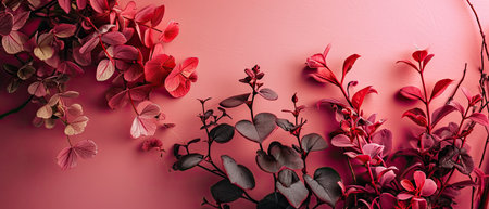 Creative layout made of flowers on pink background. Flat lay, top view, copy spaceの素材