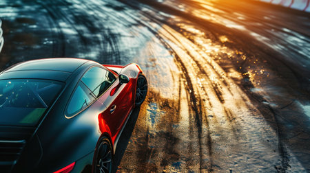 Red sports car on the road in the rain. 3d renderingの素材