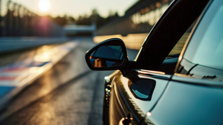car on the road at sunset, close-up rear view mirrorの素材