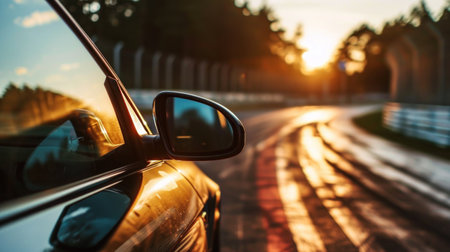 Rear view of a car on the road in the evening.の素材