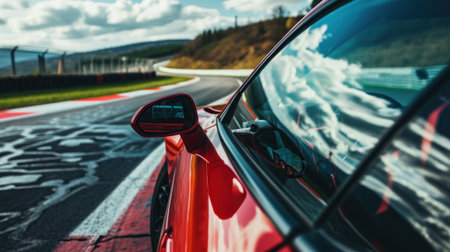 Car on the road. Rear view mirror of red sport car.の素材