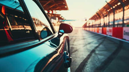 Rear view of a car parked in a parking lot during sunsetの素材