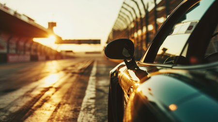 Rear view of a car driving on highway road at sunset.の素材