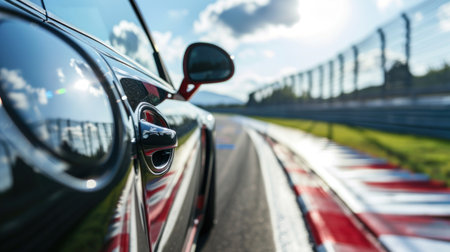 Close-up view of the rearview mirror of a car.の素材