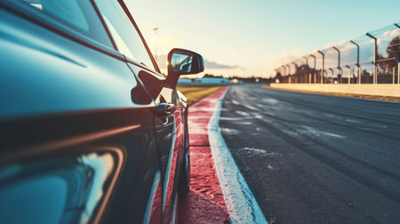 Rear view of a car parked on a road during sunset.の素材