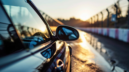 car on the road in the city at sunset, rear view mirrorの素材