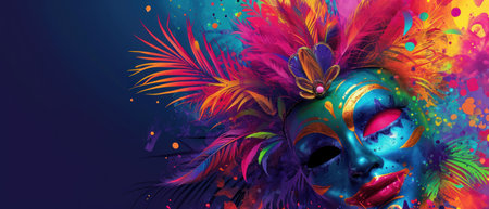 Venetian mask with feathers and colorful bokeh background.の素材