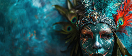 Mardi gras mask with feathers on blue background, closeupの素材