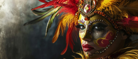 Beautiful young woman in a carnival mask with feathers on a dark backgroundの素材