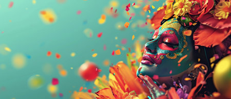 Beautiful woman with sugar skull makeup and flowers on colorful background. 3d rendering.の素材