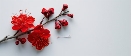 Red plum blossom on white background with copy space. Top view.の素材