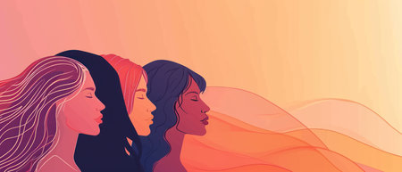 Vector illustration of two young women with long hair in profile on orange background.の素材