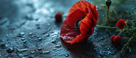 Red poppy flowers with water drops on dark background. Selective focus.の素材