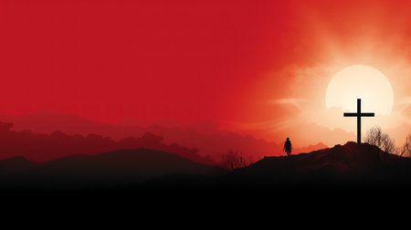 Silhouette of a man with a cross on the hill at sunsetの素材