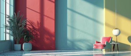 Interior of modern living room with pink armchair, 3d renderの素材
