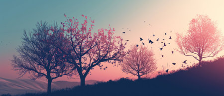 Silhouette of trees and birds at sunset. Vector illustration.の素材