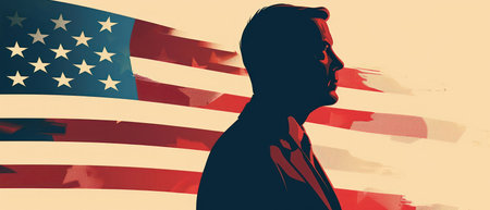 Silhouette of a man with an American flag on the backgroundの素材