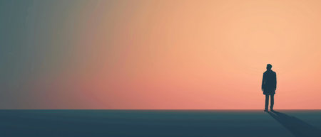 Conceptual 3D business man or businessman looking at sunset or sunrise sky background bannerの素材