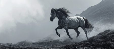 Horse galloping in the fog. Panoramic image.の素材