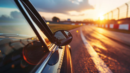 car on the road at sunset, rear view mirror close-upの素材