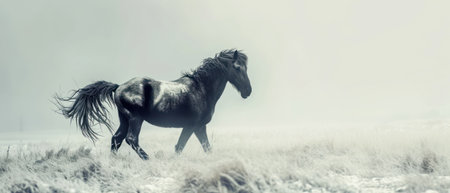 Horse galloping in the winter landscape. Panoramic image.の素材