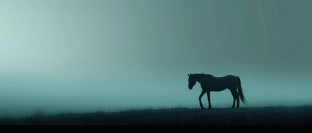 Horse silhouette in a foggy meadow. 3D renderingの素材