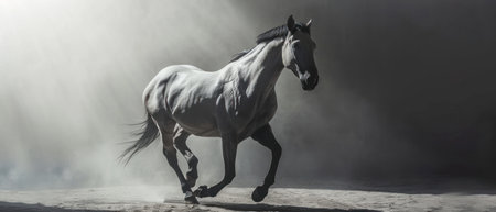 Beautiful white horse galloping on dark foggy background with copy spaceの素材