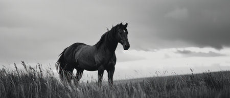 Black horse in the meadow on a cloudy day, panoramic imageの素材