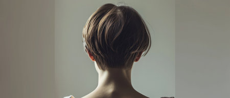 Portrait of a beautiful young woman with short hair. Back viewの素材
