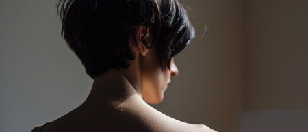 portrait of a beautiful young woman with short black hair, rear viewの素材
