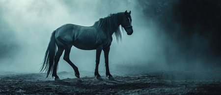 Beautiful black horse standing in the meadow on a foggy dayの素材