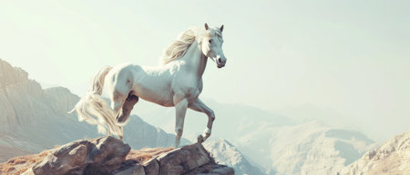 White horse in the mountains. Panoramic banner. Travel conceptの素材