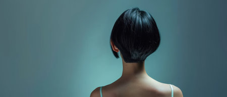 Back view of young woman with short black hair looking at copy space.の素材