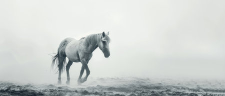 Horse galloping in the fog. Panoramic image.の素材