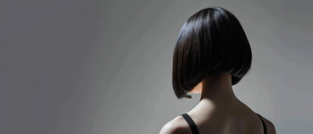 Beautiful young woman with long black hair on grey background. Back viewの素材