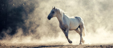 Beautiful white horse galloping in the dust on a sunny dayの素材
