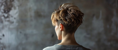 Young woman with short hairstyle on grey wall background. Back viewの素材