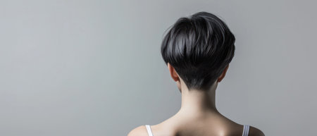 Young asian woman with short black hair on grey background, rear viewの素材
