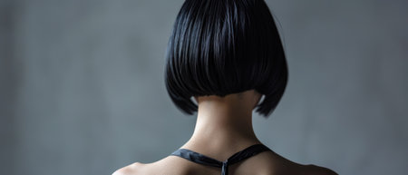Back view of young woman with short black hair looking at copy spaceの素材