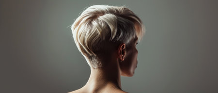 Beautiful young woman with short blonde hair on grey background. Side viewの素材