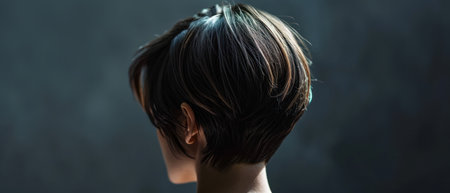 Young woman with short hairstyle on dark background. Close-upの素材
