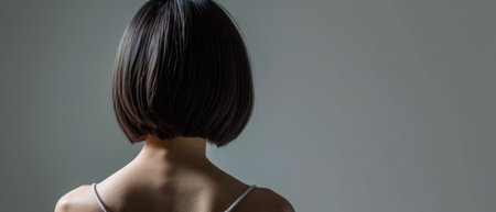Portrait of a girl with short hair on a gray background.の素材