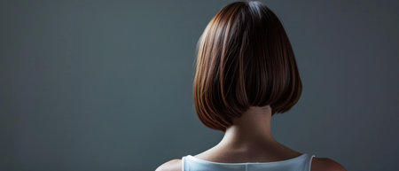 Rear view of beautiful young woman with long brown hair on grey backgroundの素材