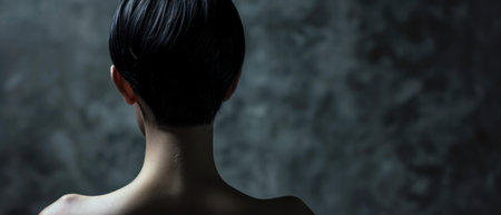 Young beautiful woman with short black hair on dark background. Back viewの素材