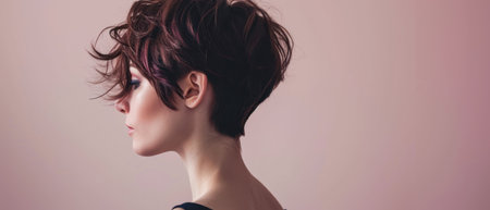 portrait of a beautiful girl with short hair on a pink backgroundの素材