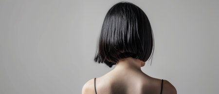 back view of beautiful young asian woman with long black hair on gray backgroundの素材