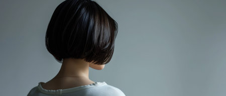 Young woman with short hairstyle on grey background. Close up.の素材